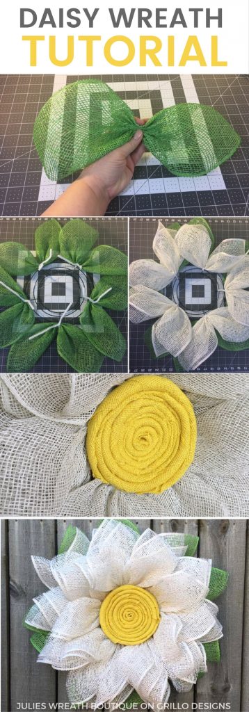 Burlap Daisy Wreath Tutorial - Learn how to make this one of a kind daisy wreath for your front door this spring! Click here for the full video tutorial / Grillo designs www/grillo-designs.com