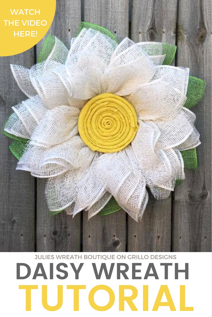 Handmade spring burlap daisy wreath. Full step by step tutorial by Julies Wreath Boutique / Grillo Designs www.grillo-designs.com