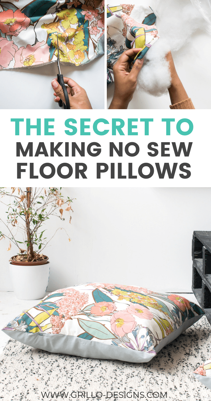 A person fluffing a large floor cushion