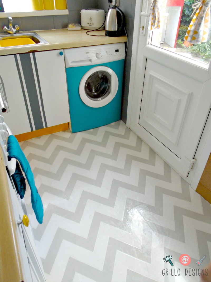 Image of a kitchen floor covered with wallpaper