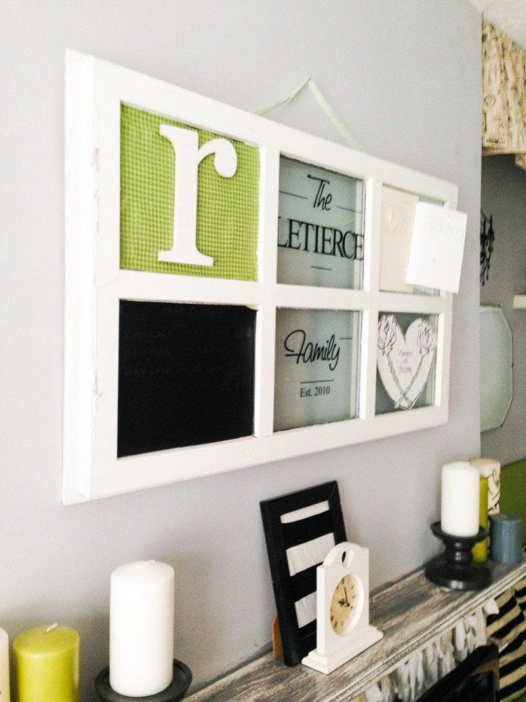 Close up image of a window frame hung on the wall as a multi frame for images and typography