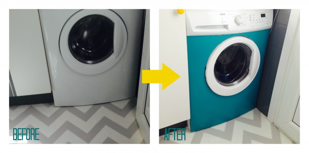 BEFORE AND AFTER photo of a washing machine upgrade using vinyl