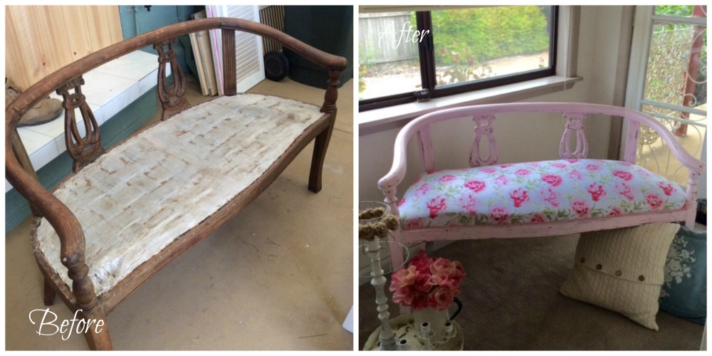 Side by side image of a vintage wood loveseat makeover. On the left is the before with wood and no cushion. On the right it is pink with a new floral cushion.