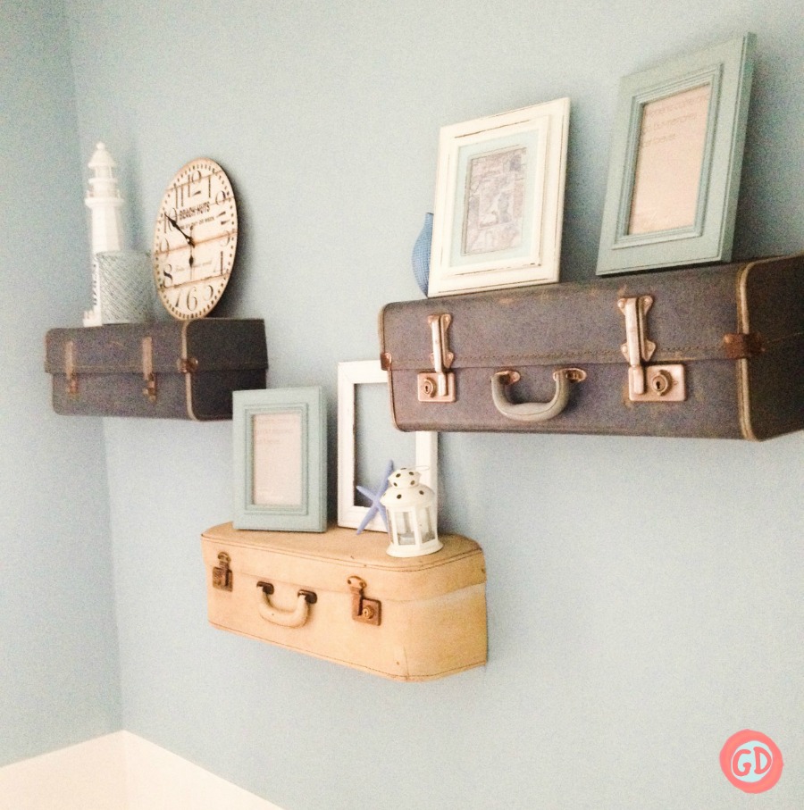 DIY suitcase shelves decorated with nautical decor
