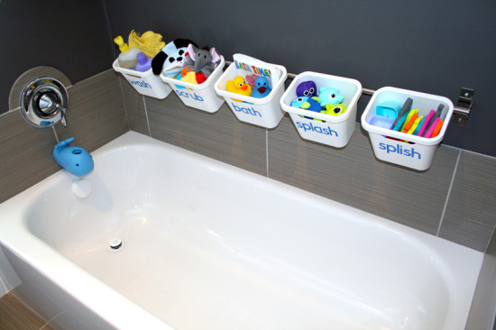 IKEA toy storage hacks for the bathroom via blue I style / Grillo Designs
