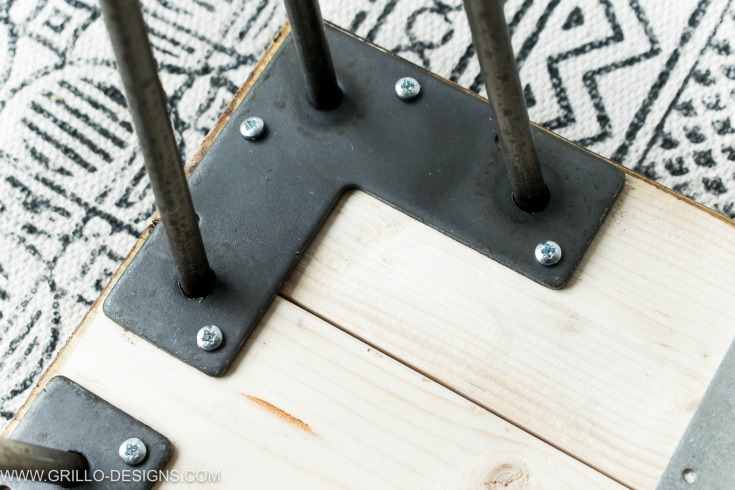 Build a bench using hair pins legs. Attach the legs to the wood with 1 1/2 " screws/ grillo designs www.grillo-designs.com 