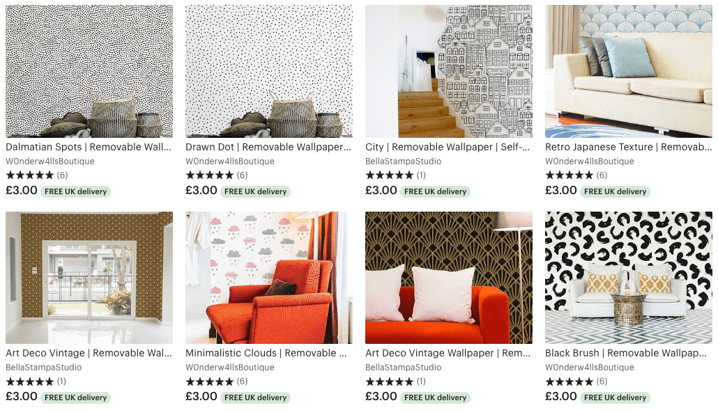 Screen shot of removable wallpaper sellers in the uk on etsy