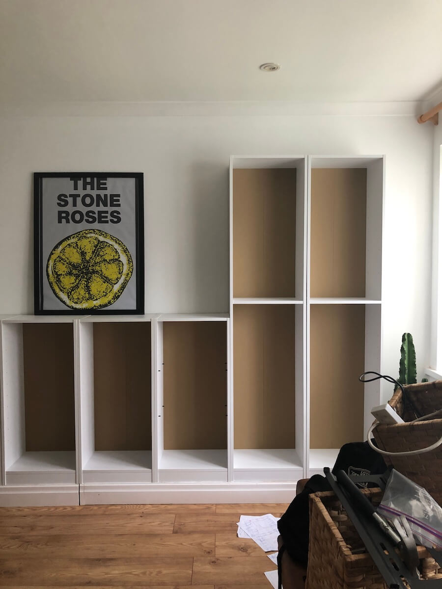 Built in bookcase wall without shelves in place 