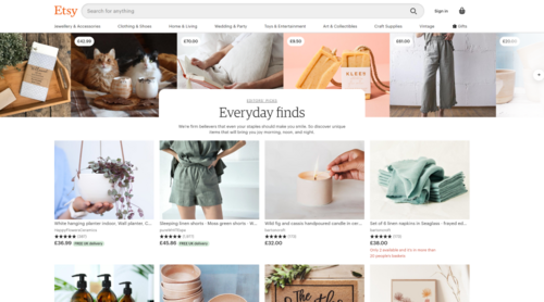 Screenshot of etsy everyday finds page