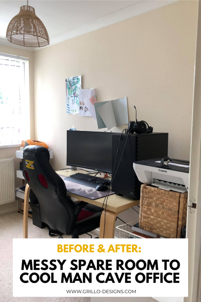Before & after spare room to cool man cave office Pinterest graphic