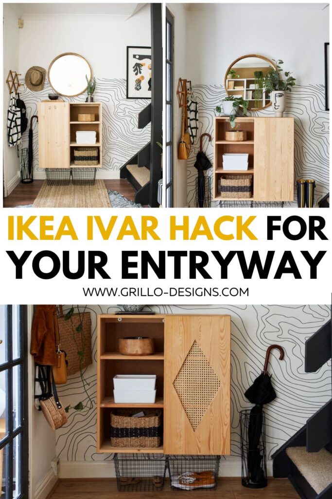 Ikea Ivar cabinet in the entryway with cane webbing accent on door with text overlay " Ikea Ivar Hack Using Cane Webbing"