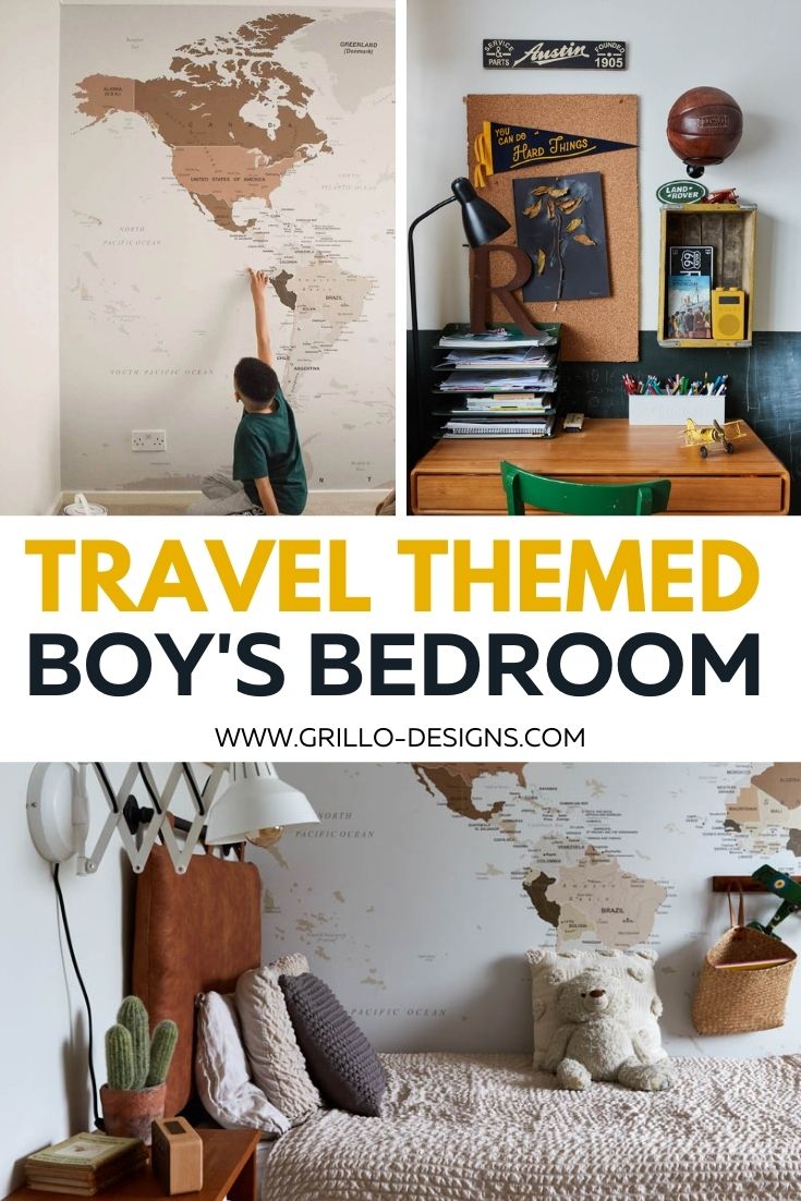 three image collage of travel themed boy's bedroom with text overlay "travel themed boy's bedroom"