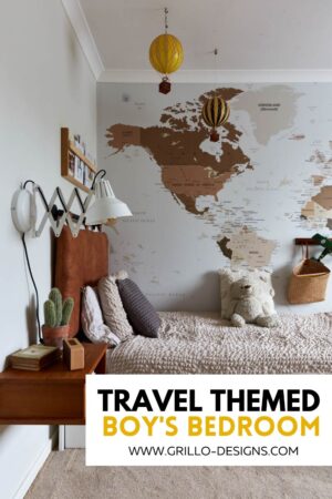 view of travel themed boy's bedroom with text overlay "Travel Themed Boy's Bedroom