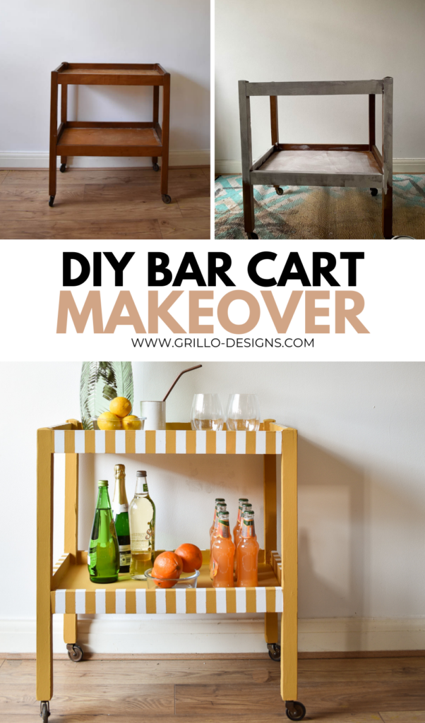 image of painted DIY bar cart makeover with text overlay "DIY bar cart makeover with paint"