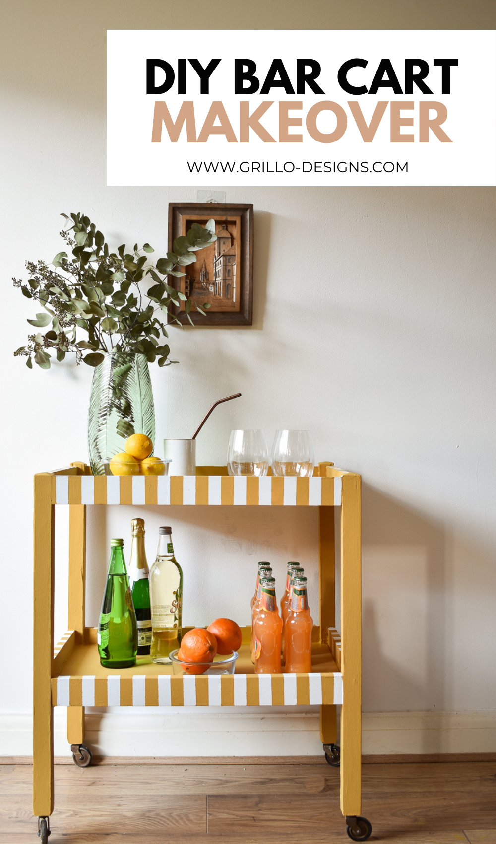 image of painted DIY bar cart makeover with text overlay "DIY bar cart makeover"