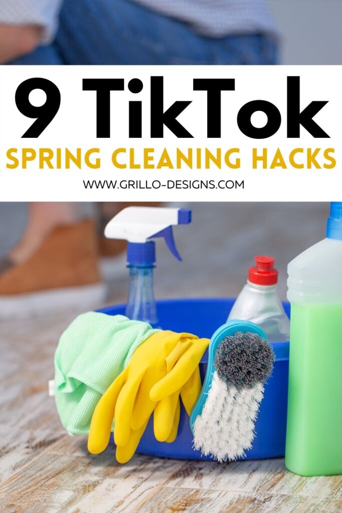 cleaning bucket with cleaning supplies with text overlay "9 TikTok Spring Cleaning Hacks"