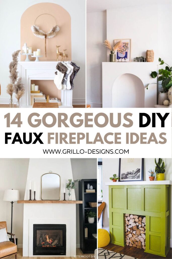 image collage of four faux fireplace ideas with text overlay "14 Gorgeous Faux Fireplace Ideas"