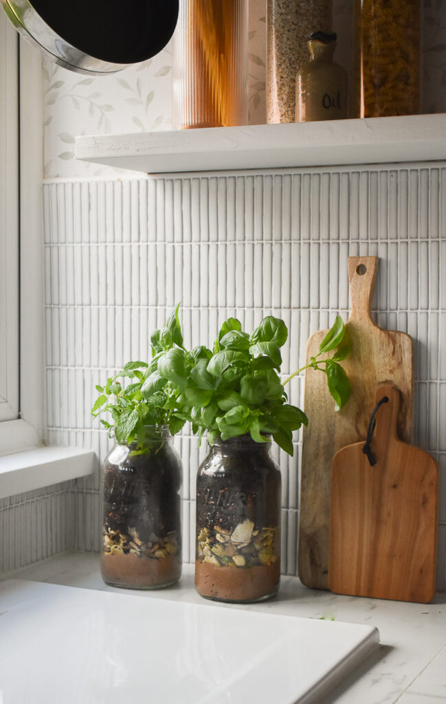 two diy mason jar herb gardens sit alongside each other next to a sink, chopping boards to the right and a shelf above with jars 